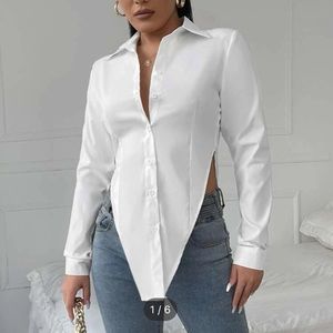 Button front asymmetrical blouse white